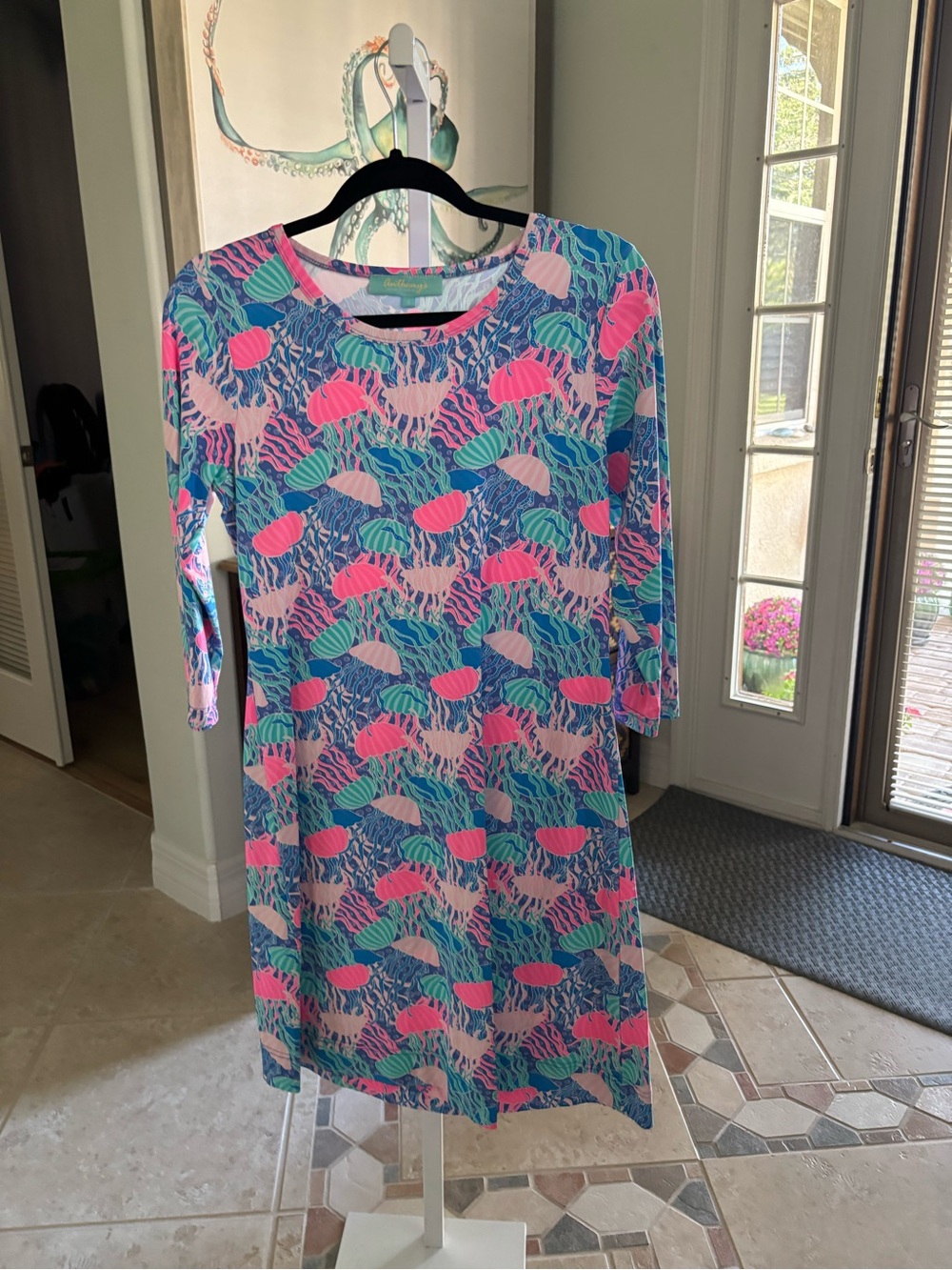 #073 Relaxed Sea-Life Print Dress in Blue & Pink SPF